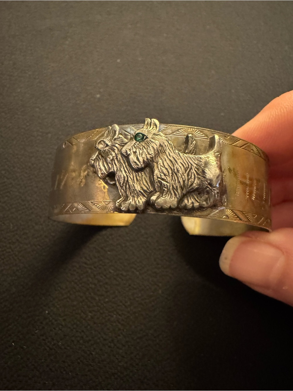 Vintage 1938 Juarez Mexico Sterling Silver Scottie Dog Brass Cuff